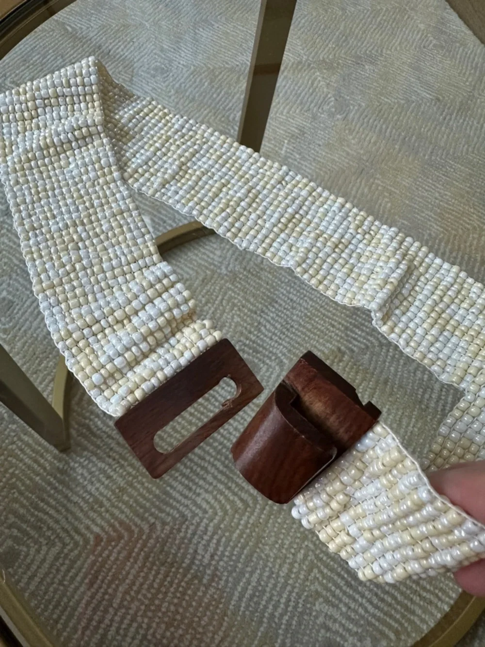 Coastal boho seed beaded stretch belt in shell colors and wood clasp
